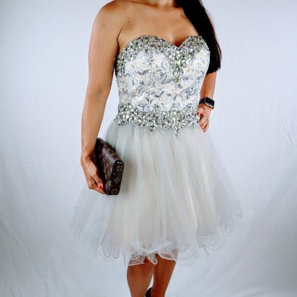NWT Terani Couture Silver Strapless Formal Dress $286 - Picture 11 of 13